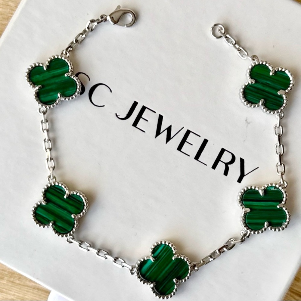 Malachite Clover Bracelet Platinum Plated Luxury Jewelry